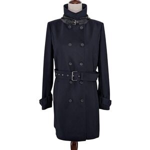 The Kooples Wool Nylon Trench Coat Navy Blue Leather‎ Trim Belted Size 38 US 6